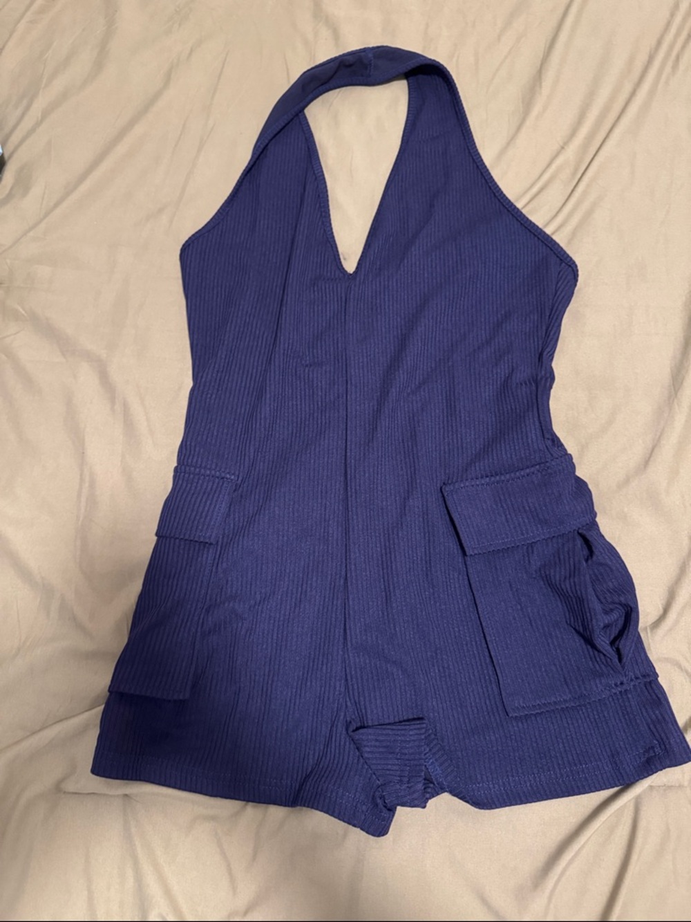 Navy Ribbed Halter Romper with Utility Pockets